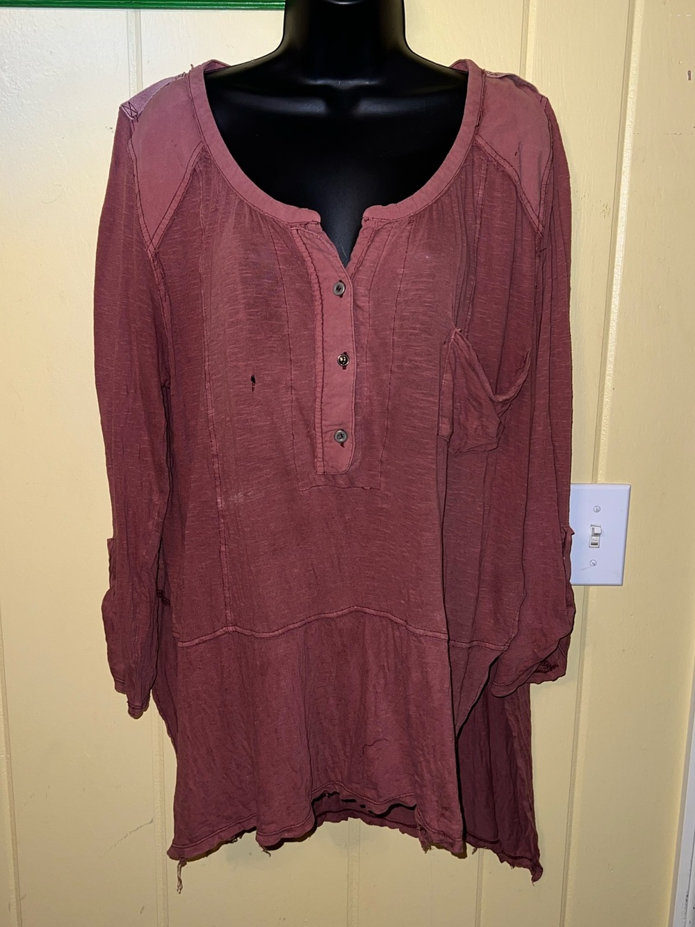 Urban Outfitters Maroon Washed Long Sleeve Henley Distressed Tunic Top Size XL